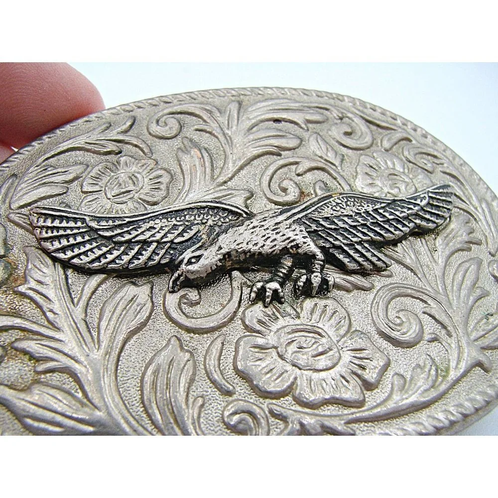 Vintage American Flying Eagle Silver Embossed Floral Scroll Belt Buckle 3x2